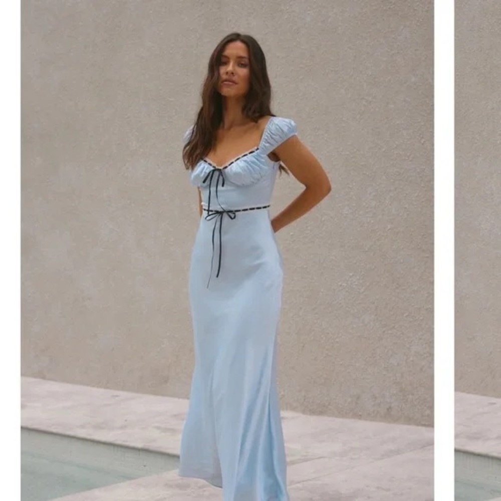 Light Blue Puff Sleeve Maxi/Midi Dress with Black Ribbon
